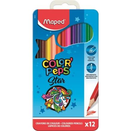 Színes ceruza készlet, háromszögletű, fém doboz, MAPED "Color'Peps Star", 12 különböző szín
