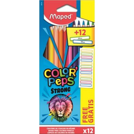 Színes ceruza készlet, háromszögletű, MAPED, "Color'Peps Strong" 12 különböző szín + 12 ajándék matrica