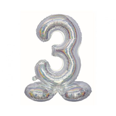 Holographic Silver, Ezüst 3-as szám fólia lufi talppal 72 cm