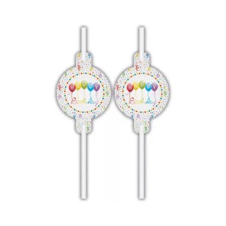 Happy Birthday Streamers papír szívószál 4 db-os szett