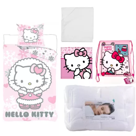 Hello Kitty Cozy Winter ovis ágynemű szett lepedővel, kéztörlővel és tornazsákkal
