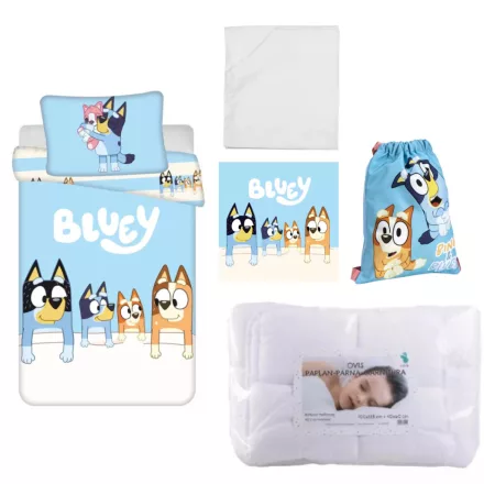 Bluey Family ovis ágynemű szett lepedővel, kéztörlővel és akasztós zsákkal 